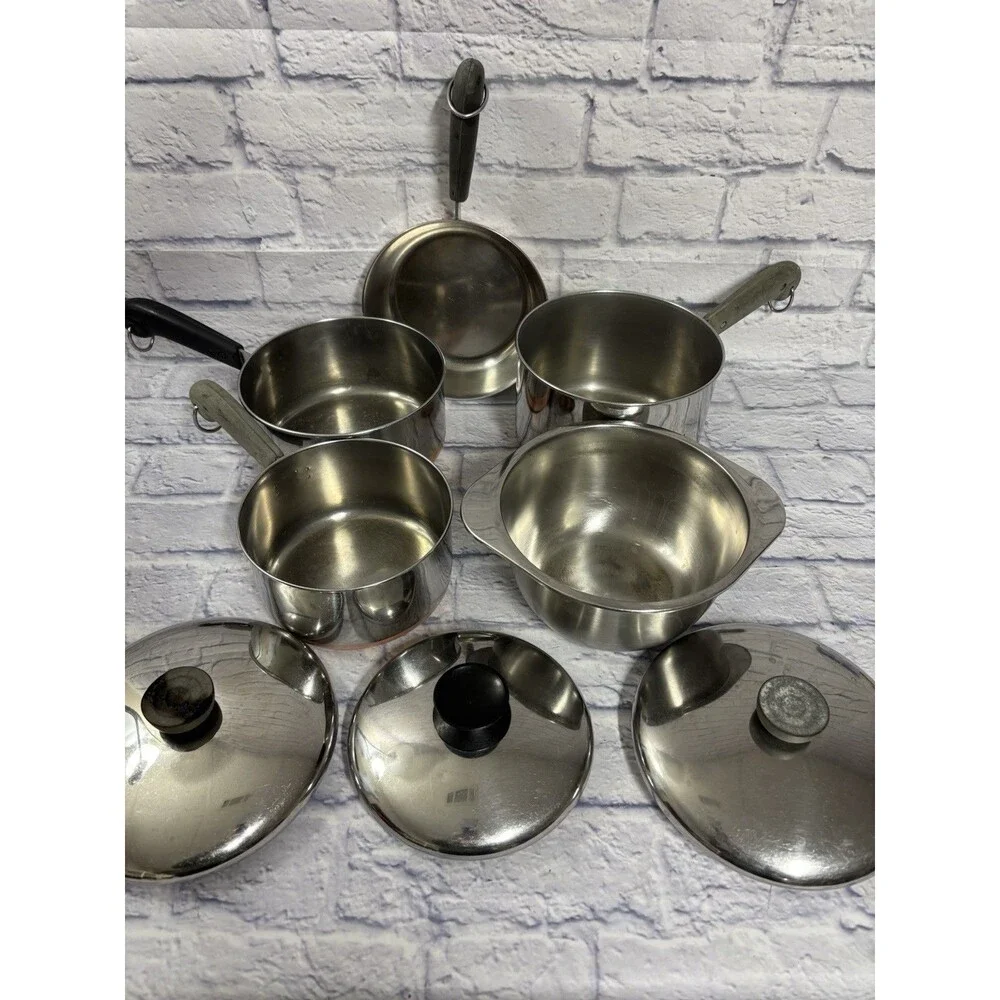 Revere Ware Set Saucepans Stockpot Lids 1801 Copper Bottom Pots Lids 9 Piece